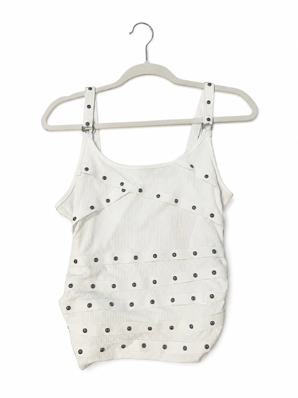 ROMWE White Ribbed Stud-Accent Tank Top